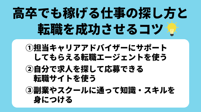 高卒でも稼げる仕事の探し方と転職を成功させるコツのインフォグラフィック画像